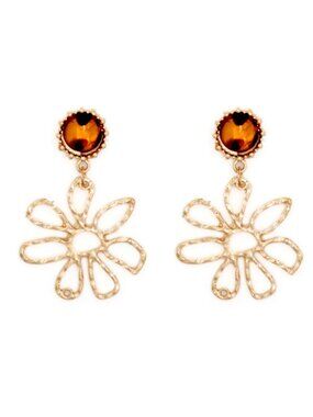 Elegant Gold Plated Floral Drop Earrings with Brown Resin Stone Stud for Women